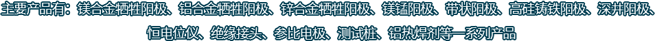 主要產(chǎn)品有：鎂合金犧牲陽(yáng)極、鋁合金犧牲陽(yáng)極、鋅合金犧牲陽(yáng)極、鎂錳陽(yáng)極、帶狀陽(yáng)極、高硅鑄鐵陽(yáng)極、深井陽(yáng)極、恒電位儀、絕緣接頭、參比電極、測(cè)試樁、鋁熱焊劑等一系列產(chǎn)品